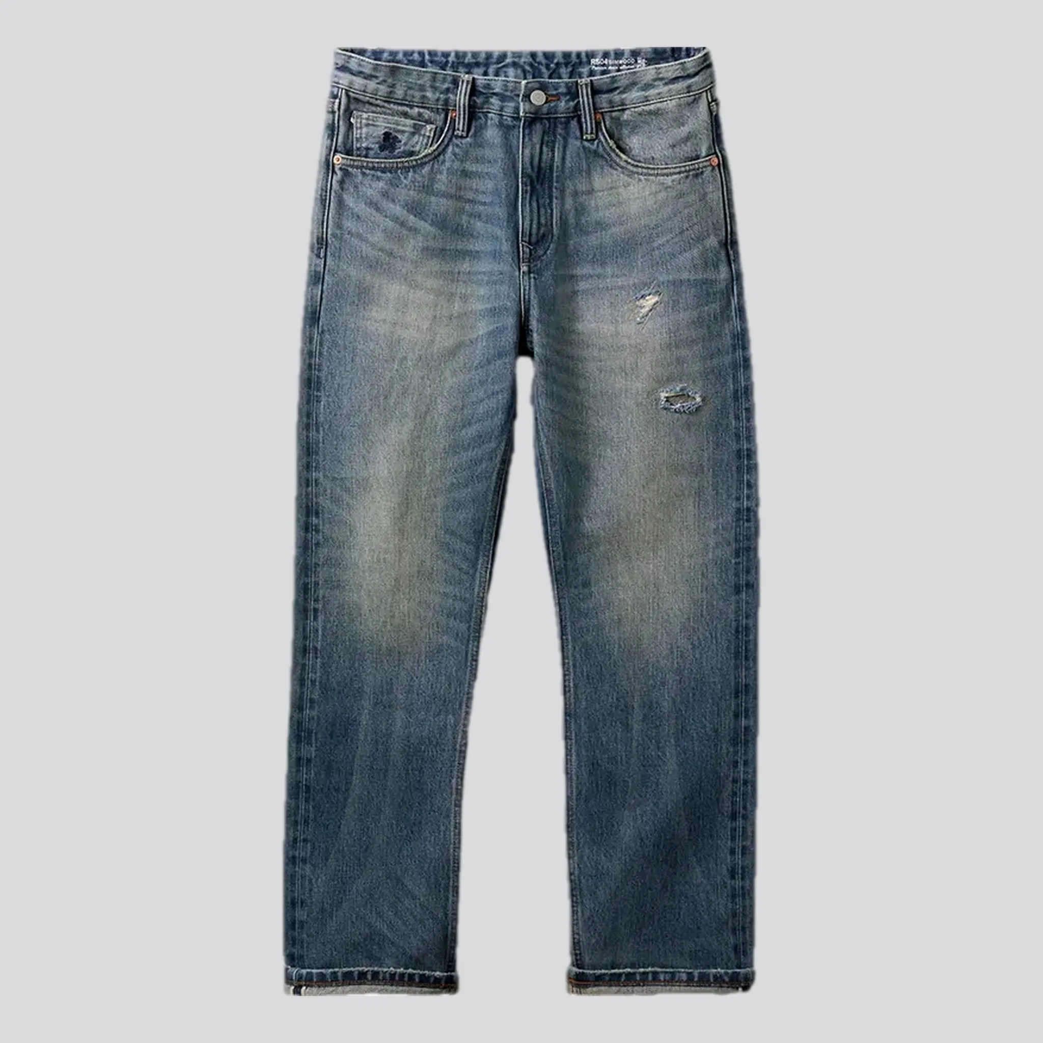 Distressed straight fit selvedge men's jeans
