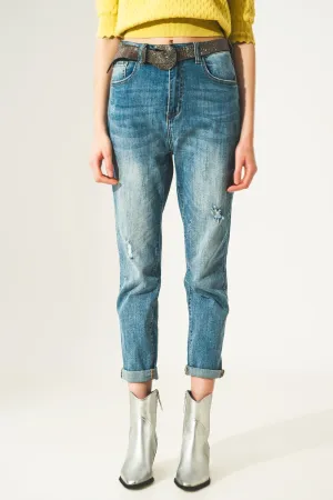 Distressed straight leg jean in light blue