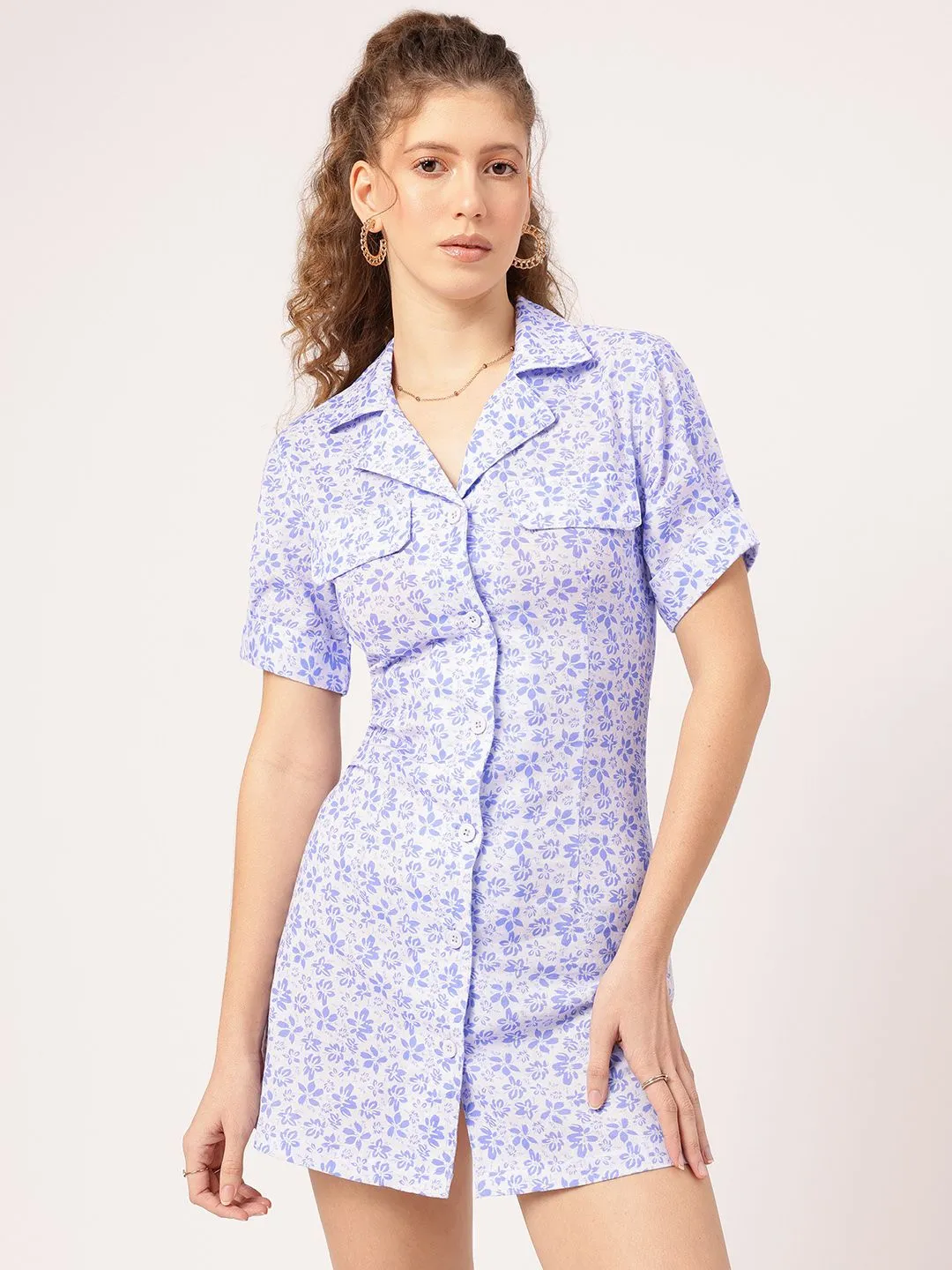 DressBerry Botanical Bliss Floral Print Pocket Detail Mini Shirt Dress