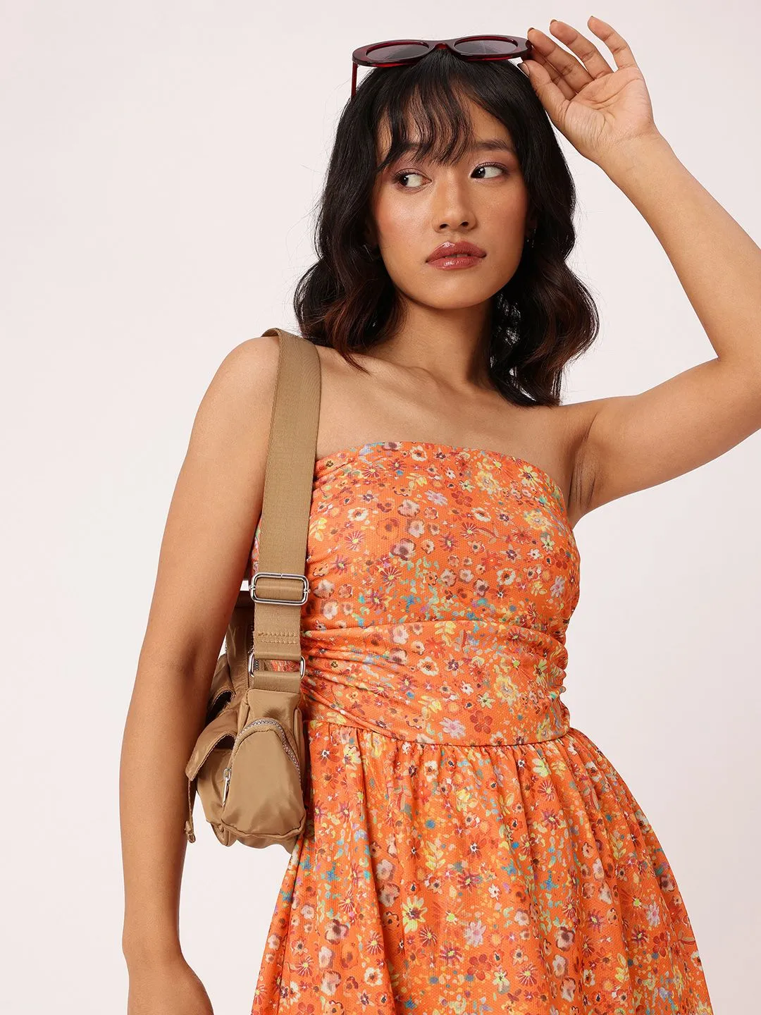 DressBerry Chic Blooming Printed Gathered Bandeau Mini Dress