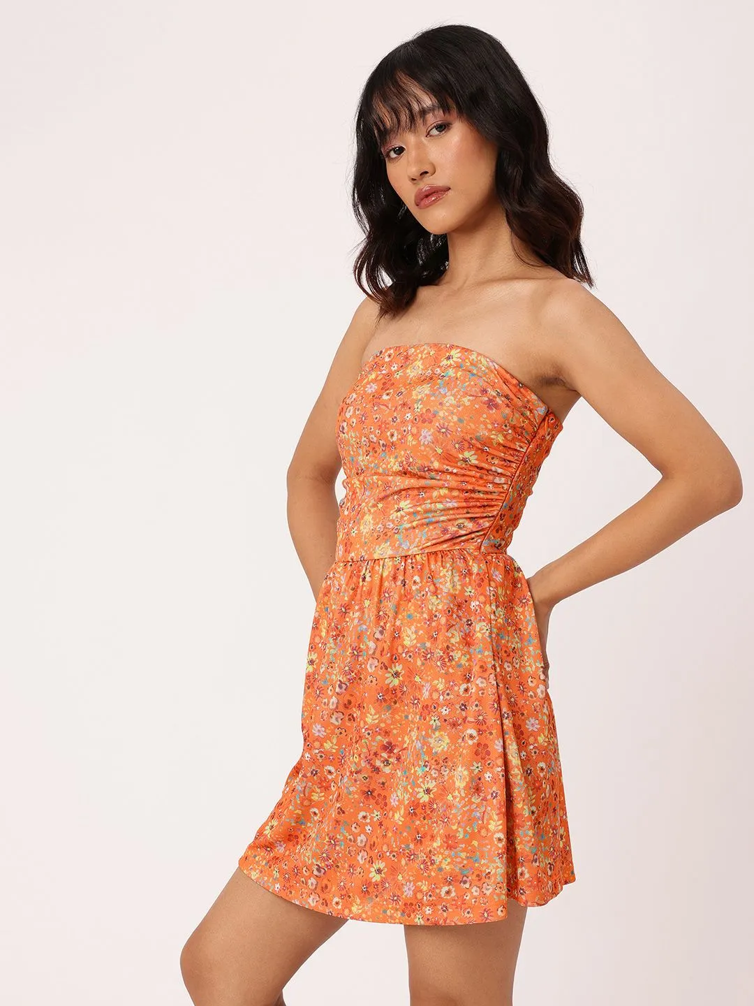 DressBerry Chic Blooming Printed Gathered Bandeau Mini Dress