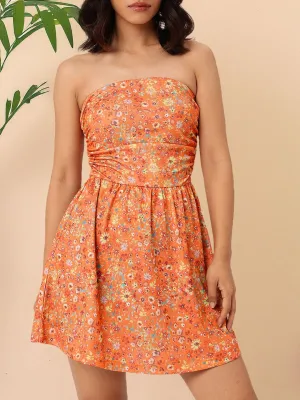 DressBerry Chic Blooming Printed Gathered Bandeau Mini Dress
