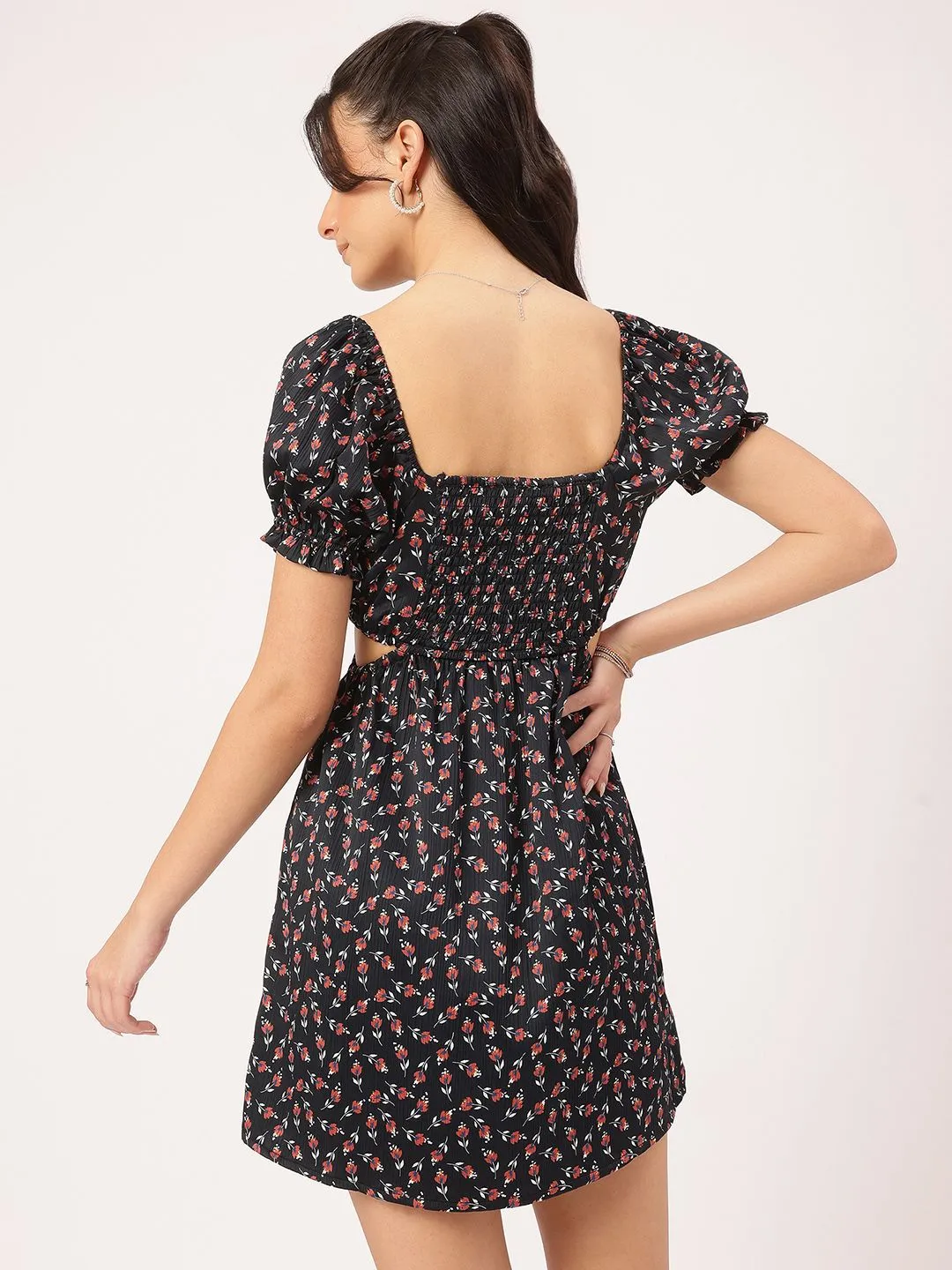 DressBerry Fairy-Frock Micro Printed Smocked Cut-Out Mini Dress
