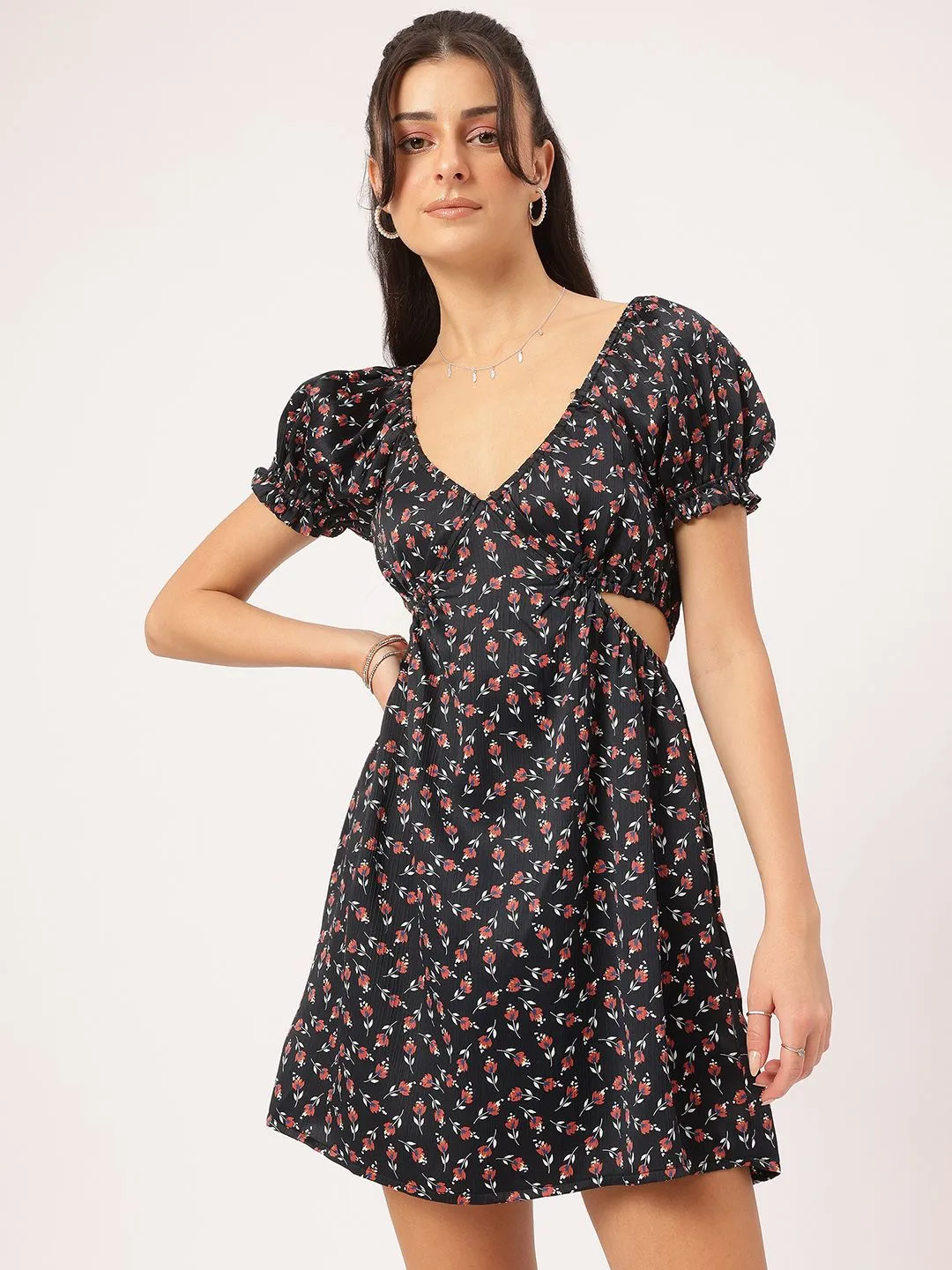 DressBerry Fairy-Frock Micro Printed Smocked Cut-Out Mini Dress