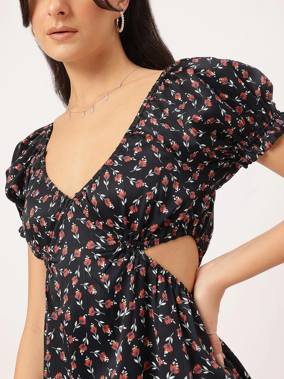 DressBerry Fairy-Frock Micro Printed Smocked Cut-Out Mini Dress
