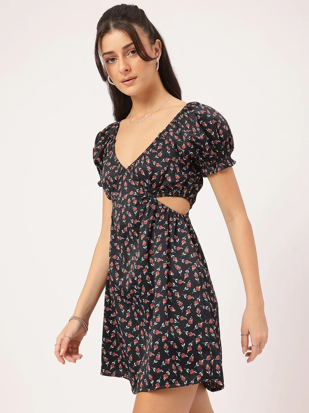 DressBerry Fairy-Frock Micro Printed Smocked Cut-Out Mini Dress