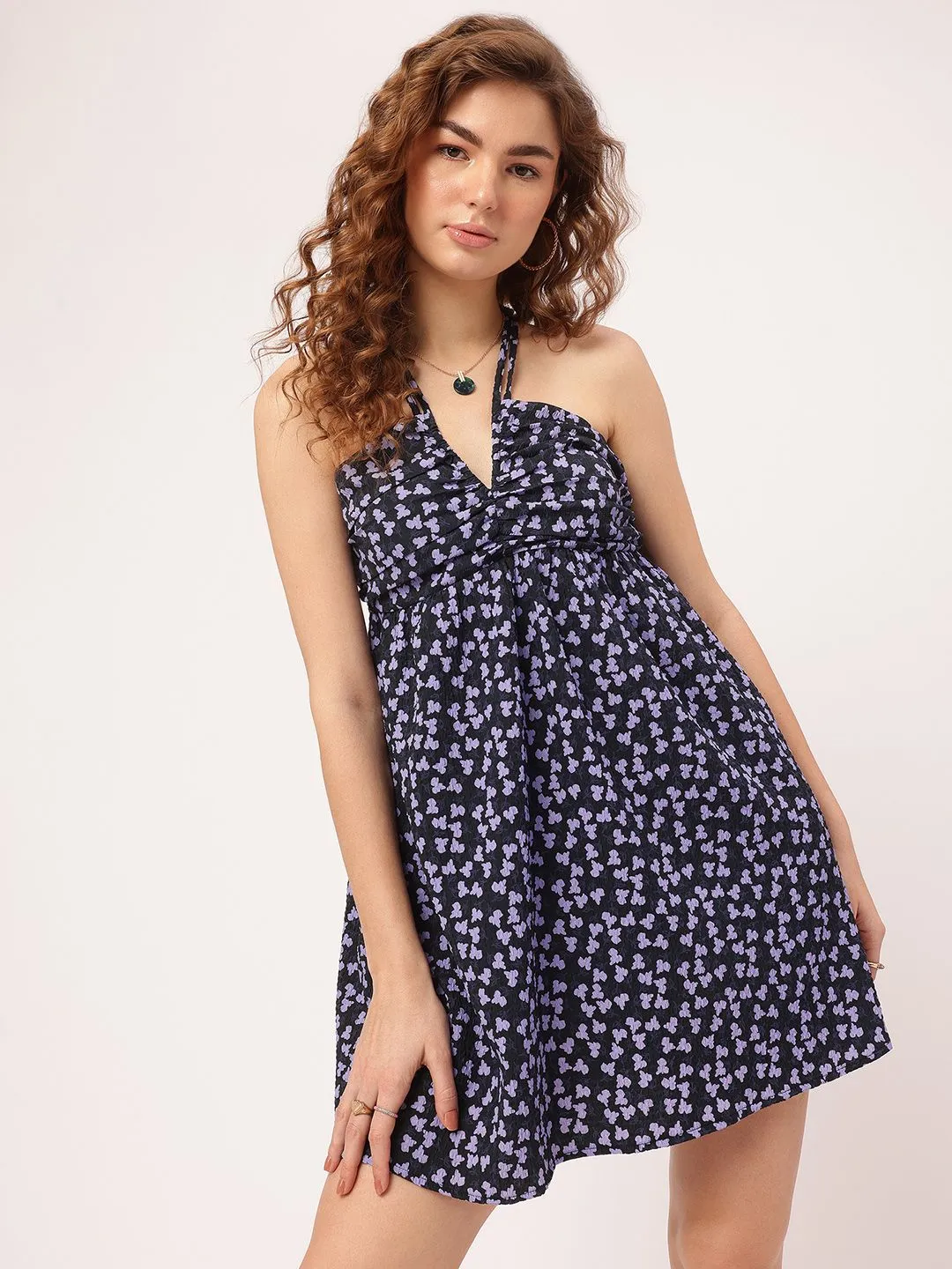 DressBerry Floral Finesse Ruched Seersucker A-Line Mini Dress