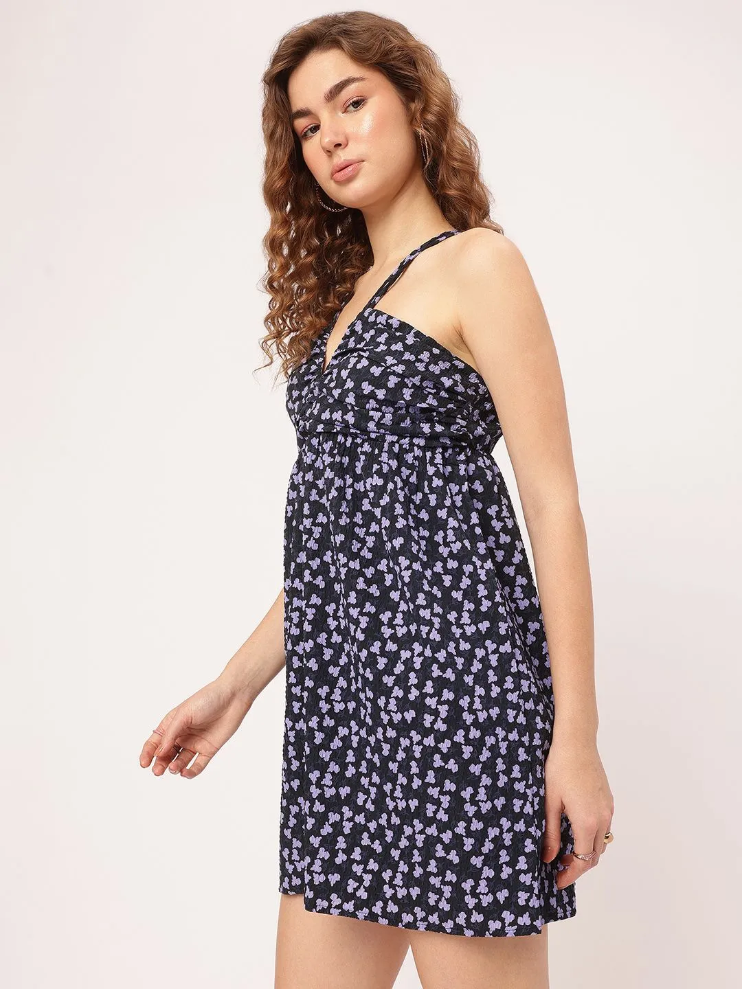 DressBerry Floral Finesse Ruched Seersucker A-Line Mini Dress