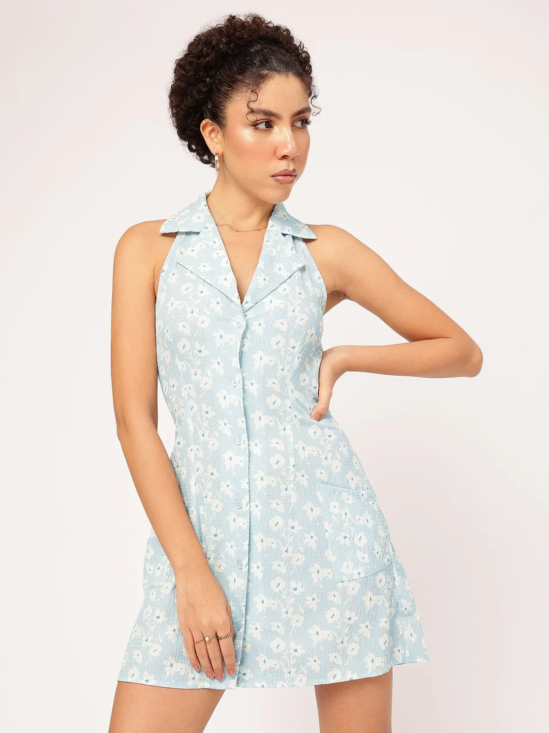DressBerry Floral Flick Seersucker Mini Shirt Dress