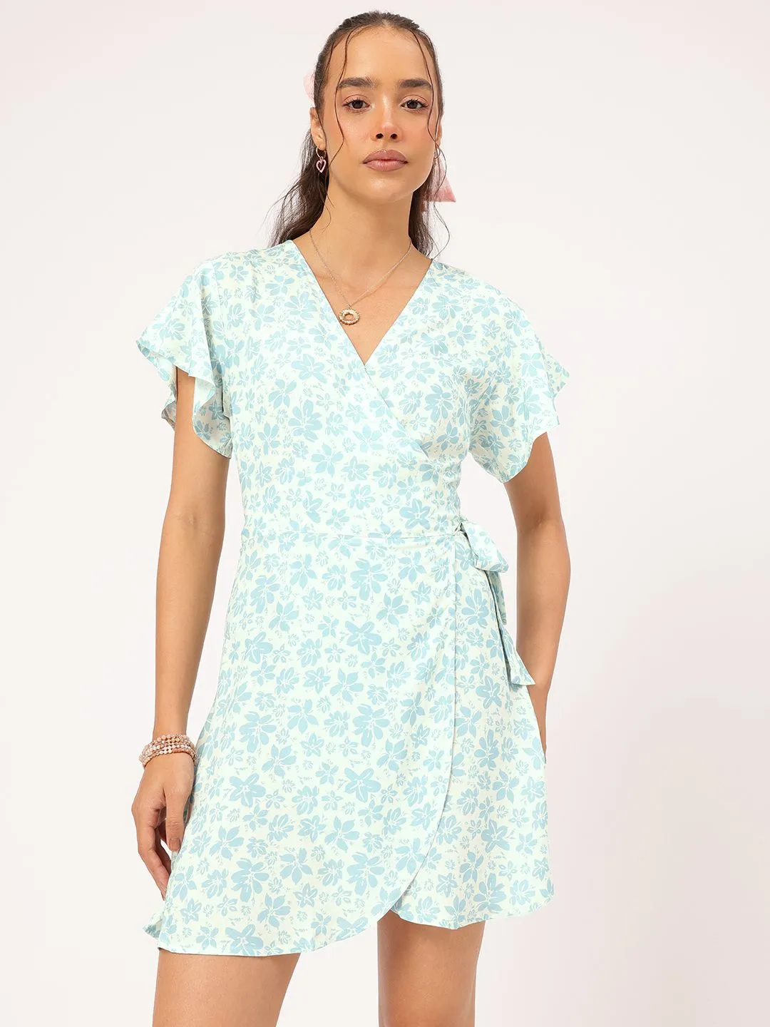 DressBerry Floral Frenzy Fluttery Wrap Mini Dress