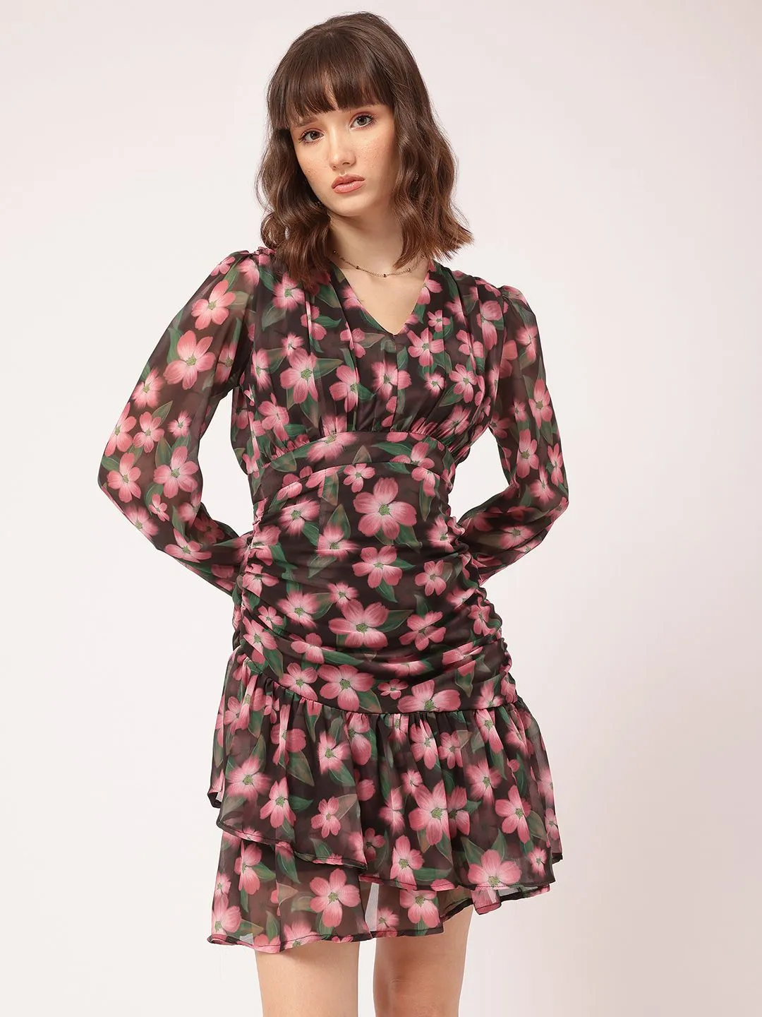 DressBerry Mystical Meadow Printed Ruched Mini Sheath Dress