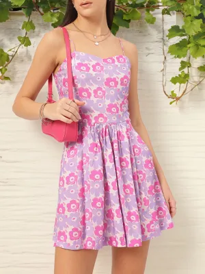 DressBerry Soft Pastel Floral Printed Shoulder Straps Fit & Flare Mini Dress