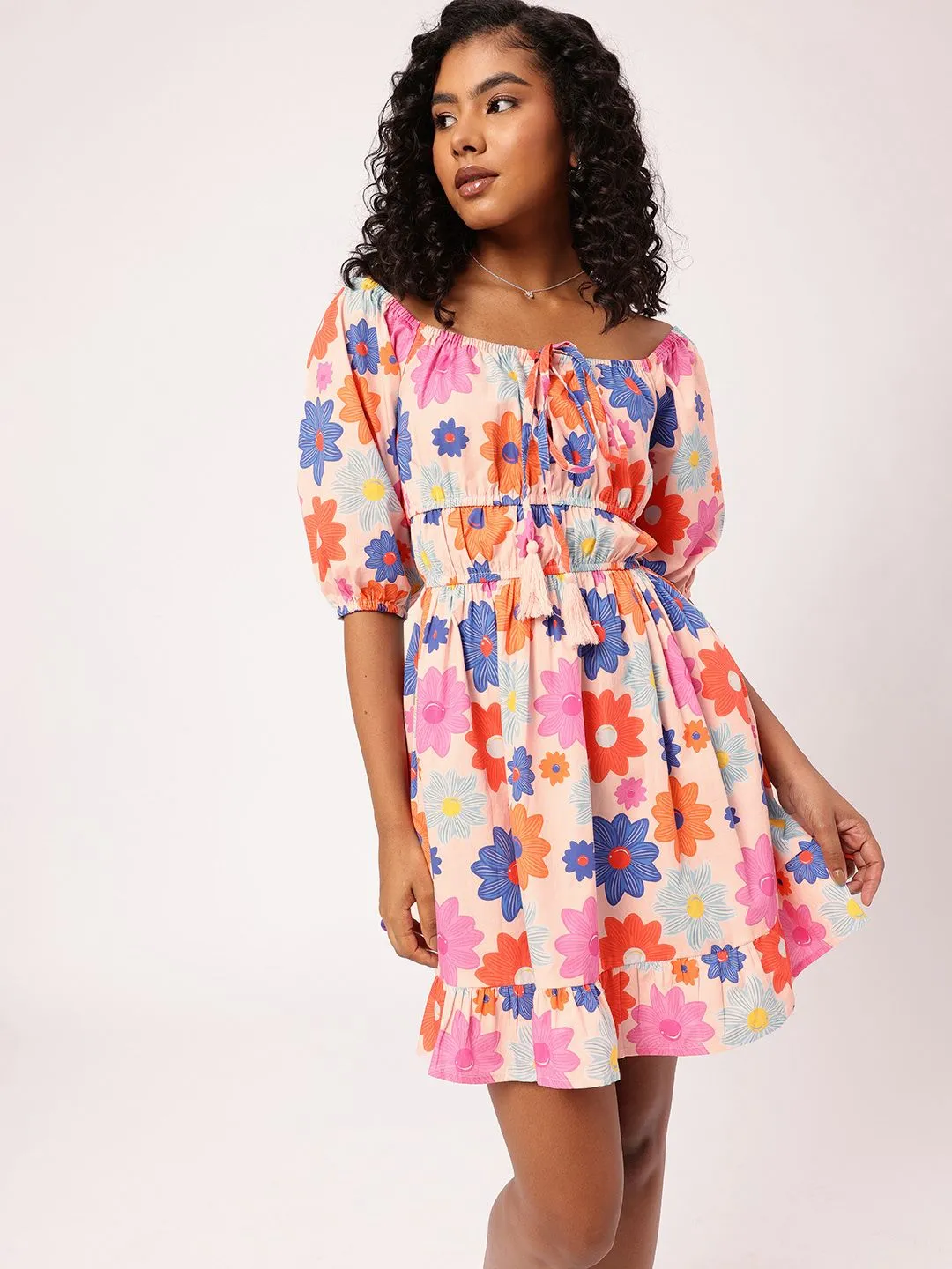 DressBerry Vibrant Play Floral Printed Cinched Waist A-line Mini Dress