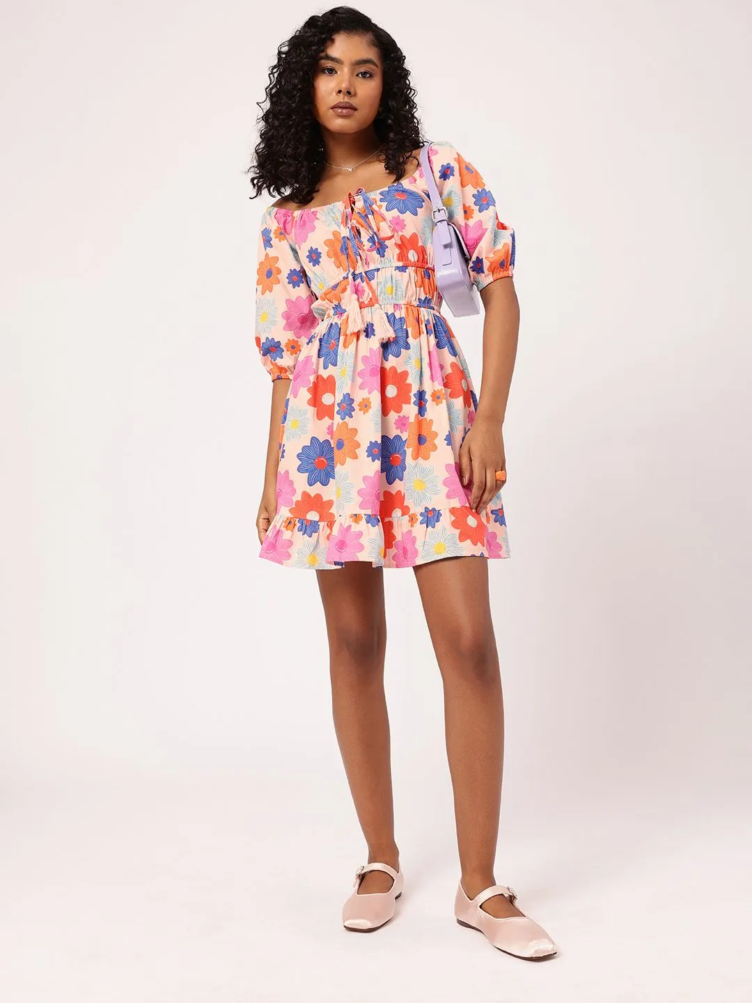 DressBerry Vibrant Play Floral Printed Cinched Waist A-line Mini Dress