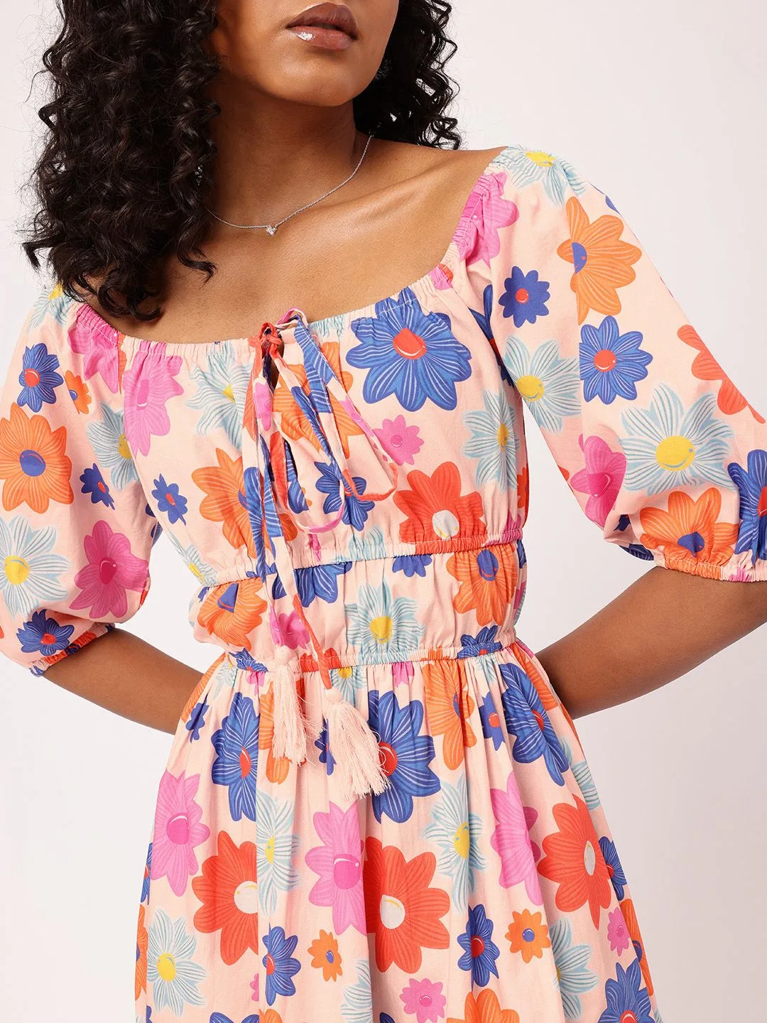DressBerry Vibrant Play Floral Printed Cinched Waist A-line Mini Dress