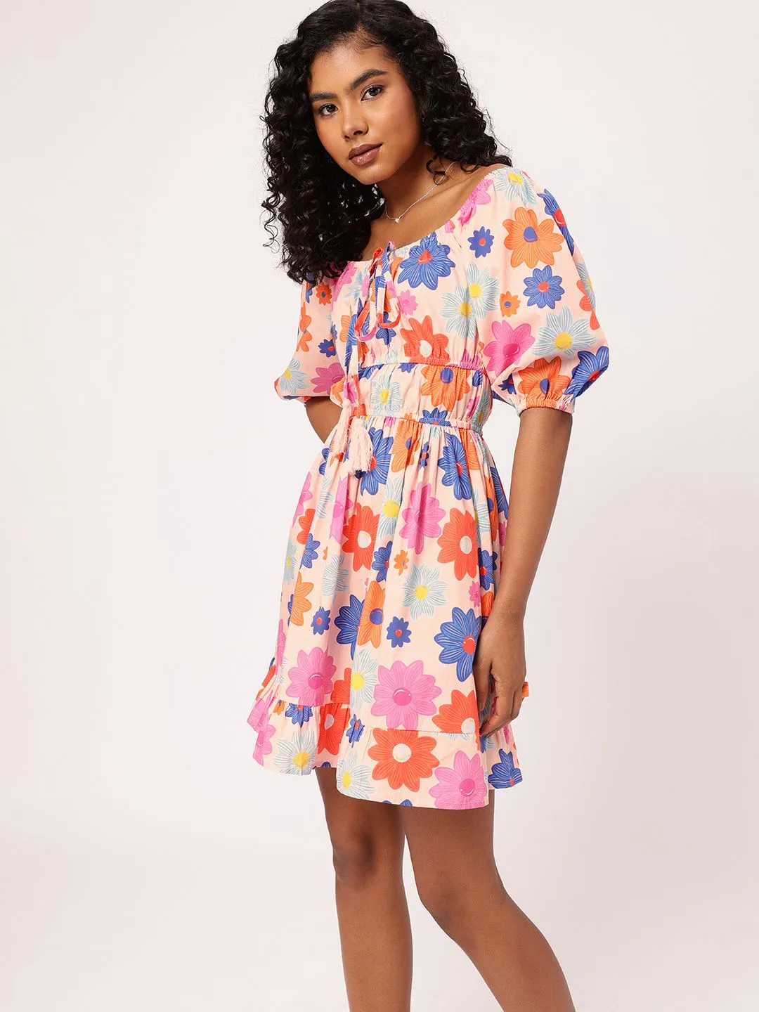 DressBerry Vibrant Play Floral Printed Cinched Waist A-line Mini Dress