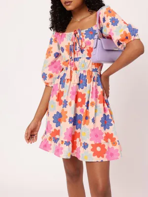 DressBerry Vibrant Play Floral Printed Cinched Waist A-line Mini Dress