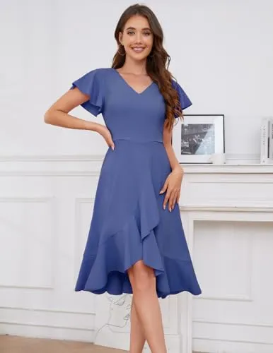 DRESSTELLS Women's Cocktail Dresses Formal Wedding Guest Tea Party Prom Dress V Neck Wrap Elegant Ruffle Modest Bridesmaid Dress Greyblue L