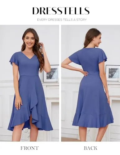 DRESSTELLS Women's Cocktail Dresses Formal Wedding Guest Tea Party Prom Dress V Neck Wrap Elegant Ruffle Modest Bridesmaid Dress Greyblue L