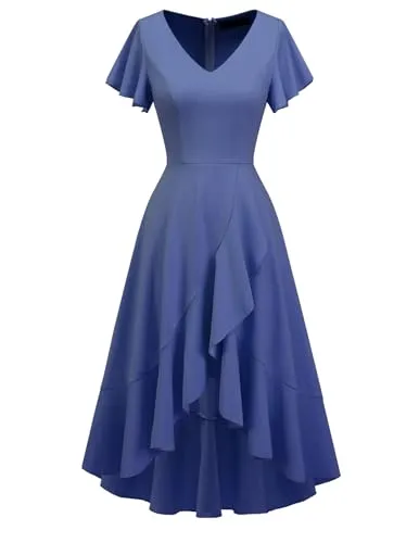DRESSTELLS Women's Cocktail Dresses Formal Wedding Guest Tea Party Prom Dress V Neck Wrap Elegant Ruffle Modest Bridesmaid Dress Greyblue L