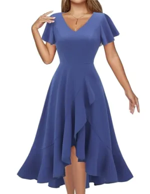 DRESSTELLS Women's Cocktail Dresses Formal Wedding Guest Tea Party Prom Dress V Neck Wrap Elegant Ruffle Modest Bridesmaid Dress Greyblue L