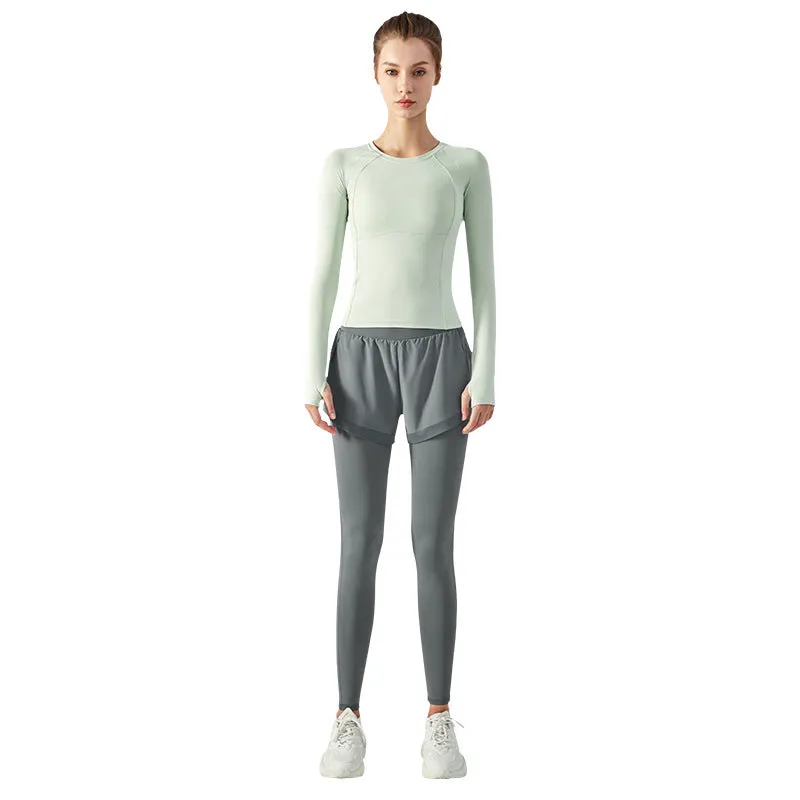 Elastic High Waist Anti-exposure Fake Two Pieces Mesh Leggings