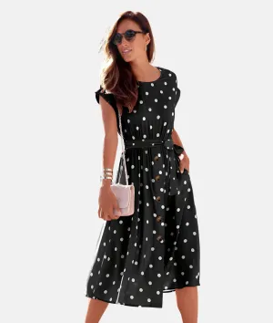 Elegantes Midi-Kleid mit Punktemuster und Taillengürtel
