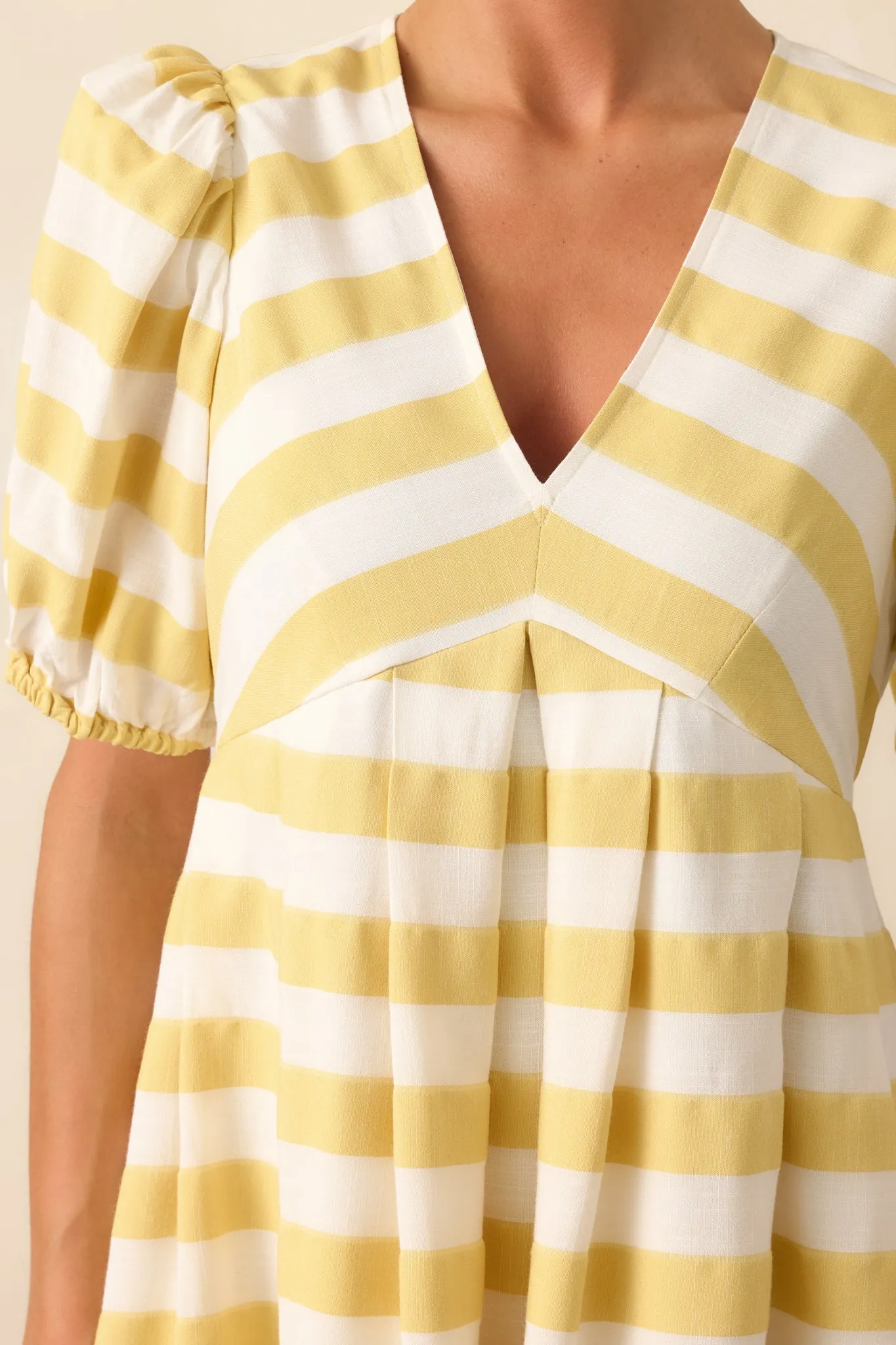 Every Now And Then Yellow Stripe Puff Sleeve Mini Dress