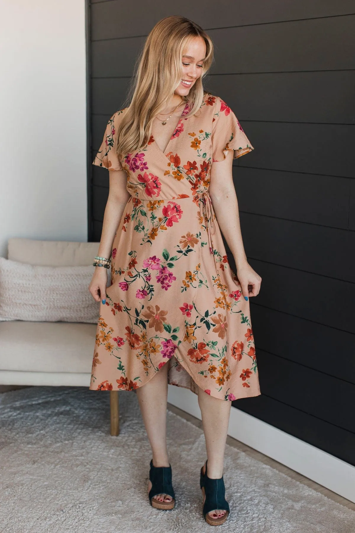 Extreme Appeal Floral Midi Dress- Tan