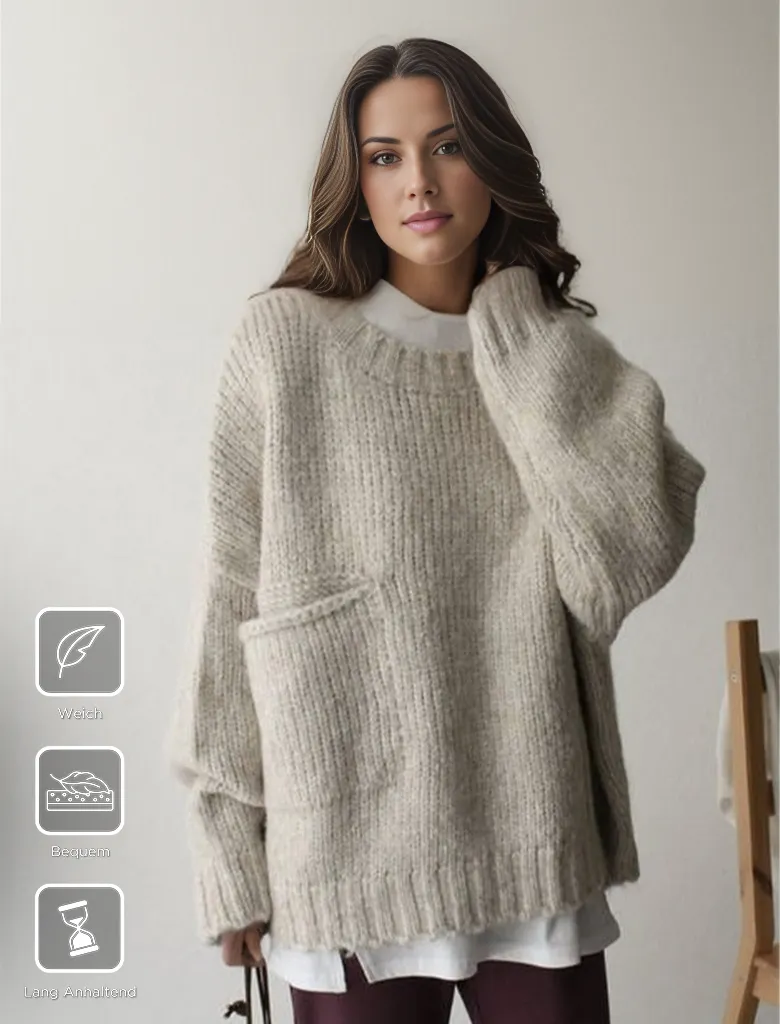 FallStil - Oversize Pullover mit elfenbeinfarbener Taschenfront