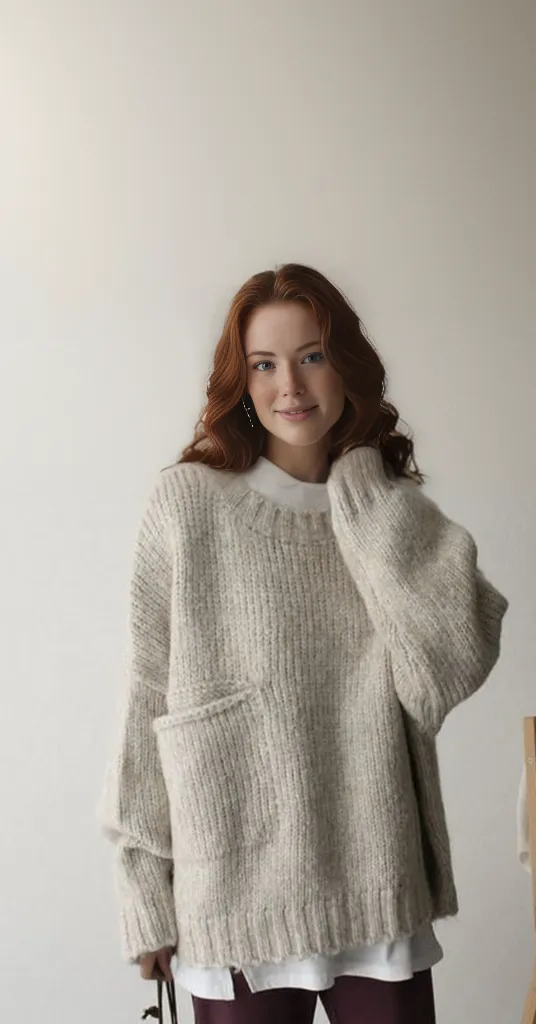 FallStil - Oversize Pullover mit elfenbeinfarbener Taschenfront