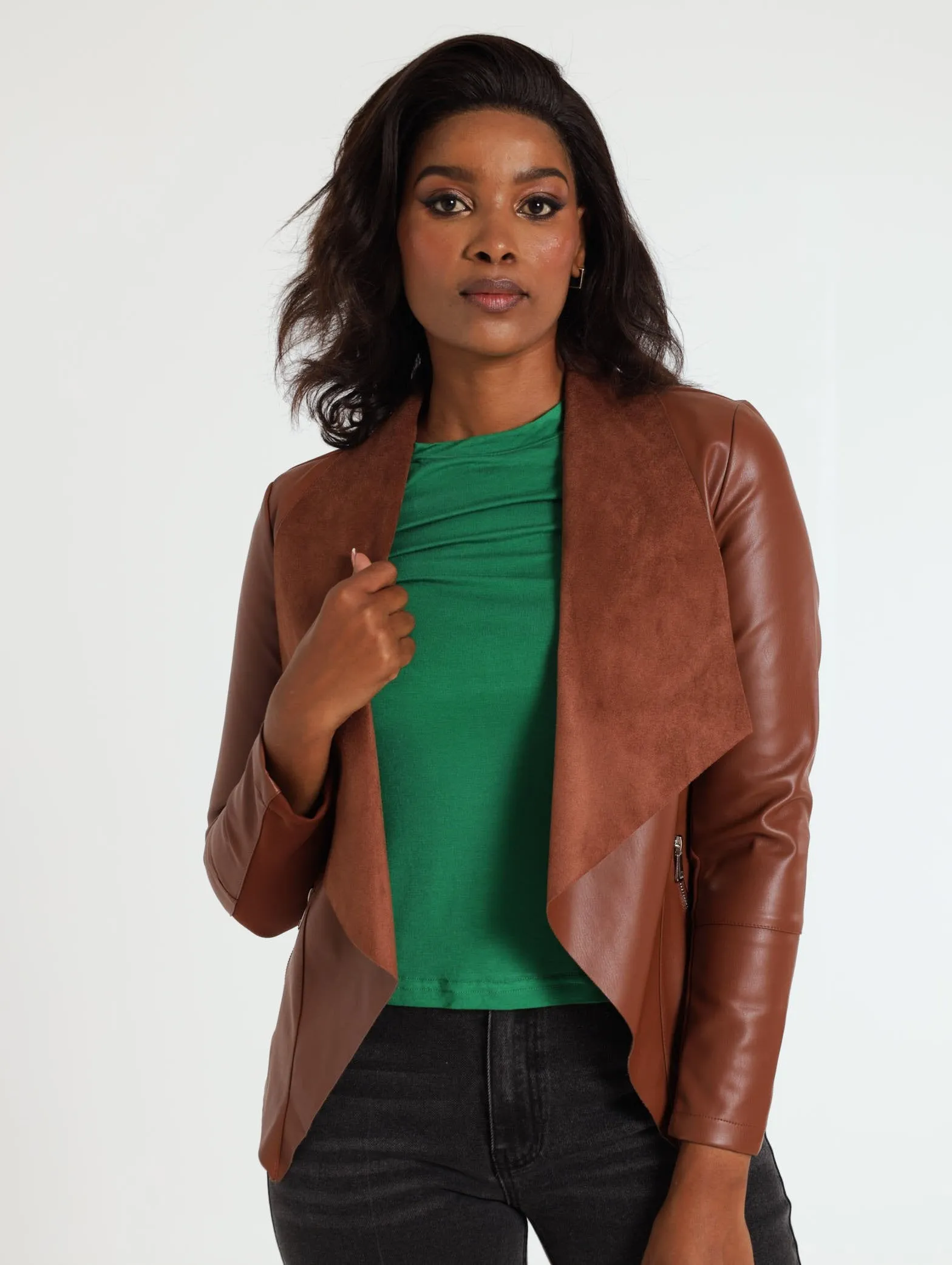 Faux Leather Waterfall Jacket - Chocolate