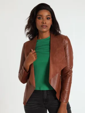 Faux Leather Waterfall Jacket - Chocolate