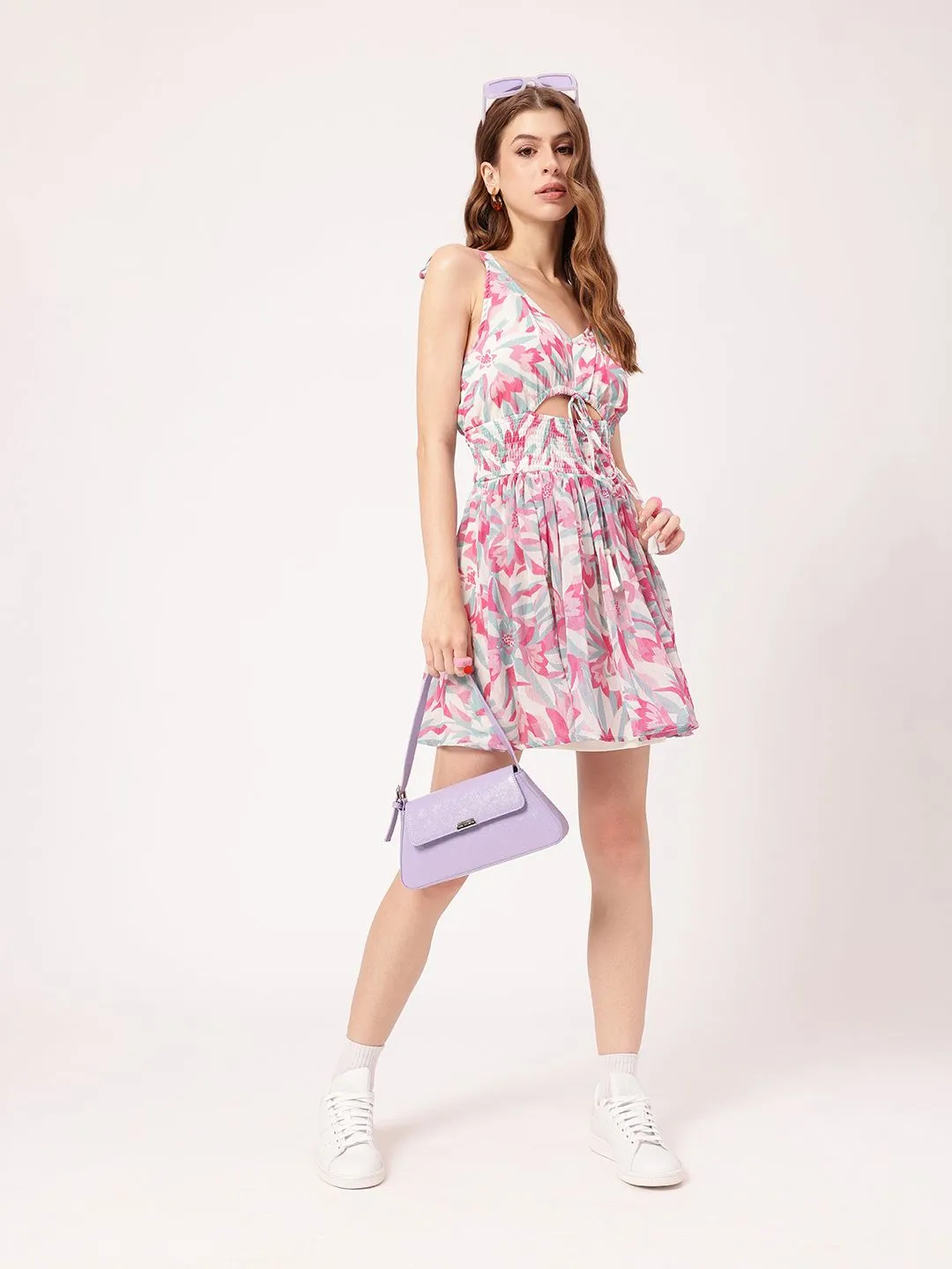 Feminine Floral Fantasy Cut-Out Chic Smocked A-line Mini Dress