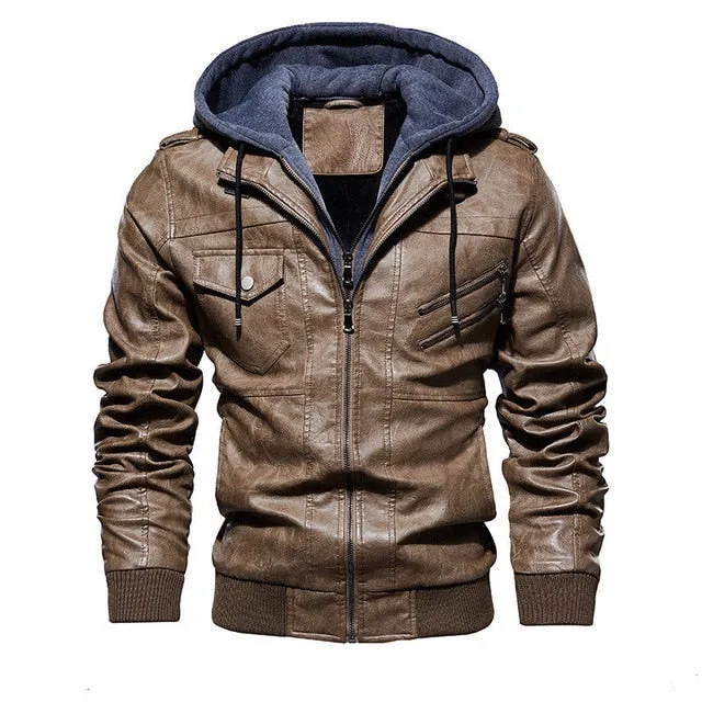 FGKKS Men Motorcycle Leather Jackets Winter Male Fashion Casual Hooded Faux Jacket Mens Warm PU Leather Jackets Coats