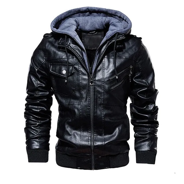 FGKKS Men Motorcycle Leather Jackets Winter Male Fashion Casual Hooded Faux Jacket Mens Warm PU Leather Jackets Coats