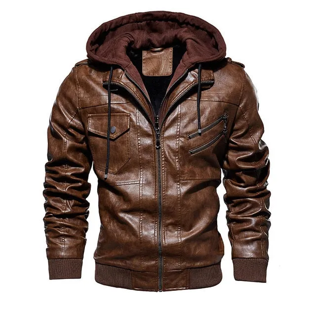 FGKKS Men Motorcycle Leather Jackets Winter Male Fashion Casual Hooded Faux Jacket Mens Warm PU Leather Jackets Coats