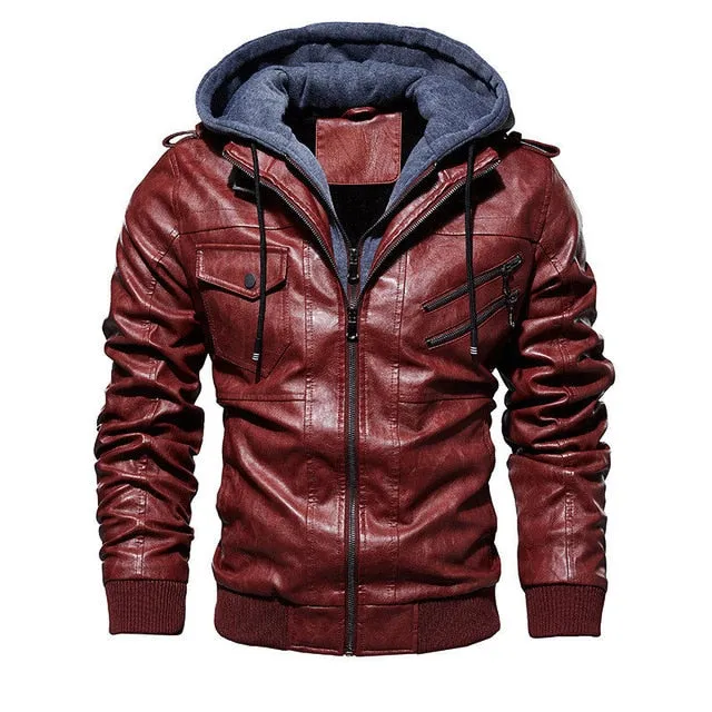 FGKKS Men Motorcycle Leather Jackets Winter Male Fashion Casual Hooded Faux Jacket Mens Warm PU Leather Jackets Coats