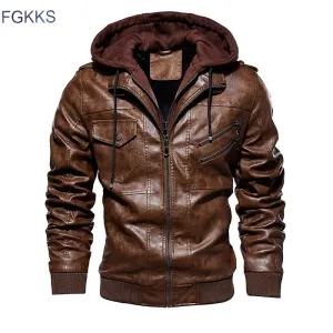 FGKKS Men Motorcycle Leather Jackets Winter Male Fashion Casual Hooded Faux Jacket Mens Warm PU Leather Jackets Coats