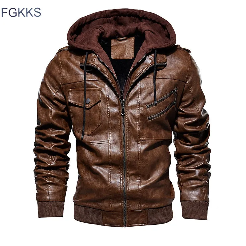FGKKS Men Motorcycle Leather Jackets Winter Male Fashion Casual Hooded Faux Jacket Mens Warm PU Leather Jackets Coats