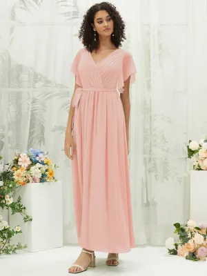 [Final Sale] Blush Short Sleeves Floor Length Silky Chiffon Bridesmaid Dress