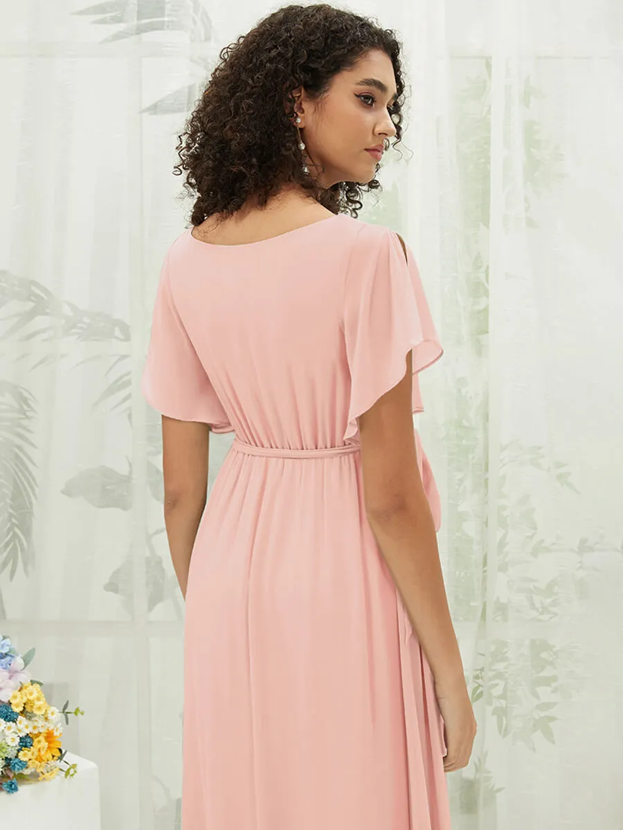 [Final Sale] Blush Short Sleeves Floor Length Silky Chiffon Bridesmaid Dress