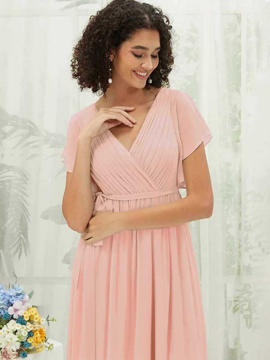 [Final Sale] Blush Short Sleeves Floor Length Silky Chiffon Bridesmaid Dress