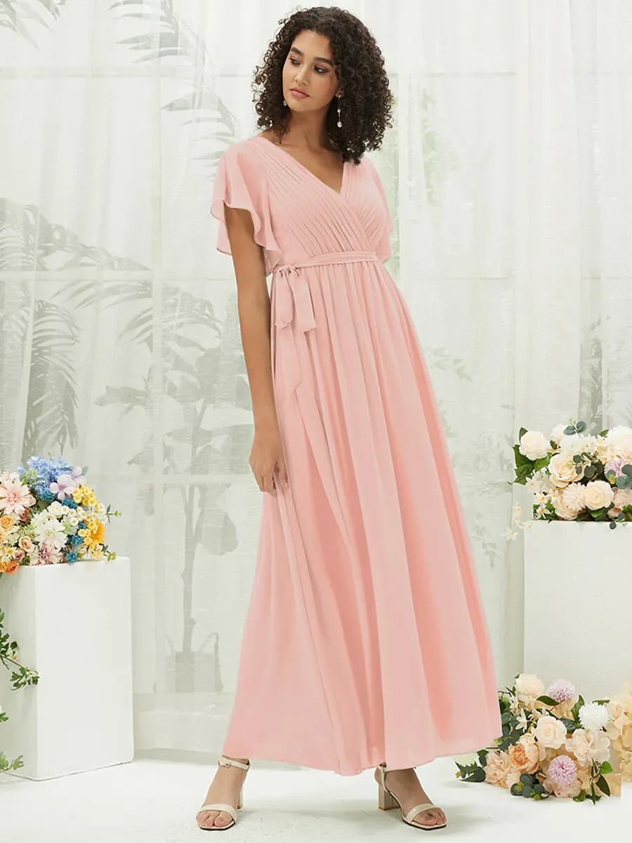 [Final Sale] Blush Short Sleeves Floor Length Silky Chiffon Bridesmaid Dress