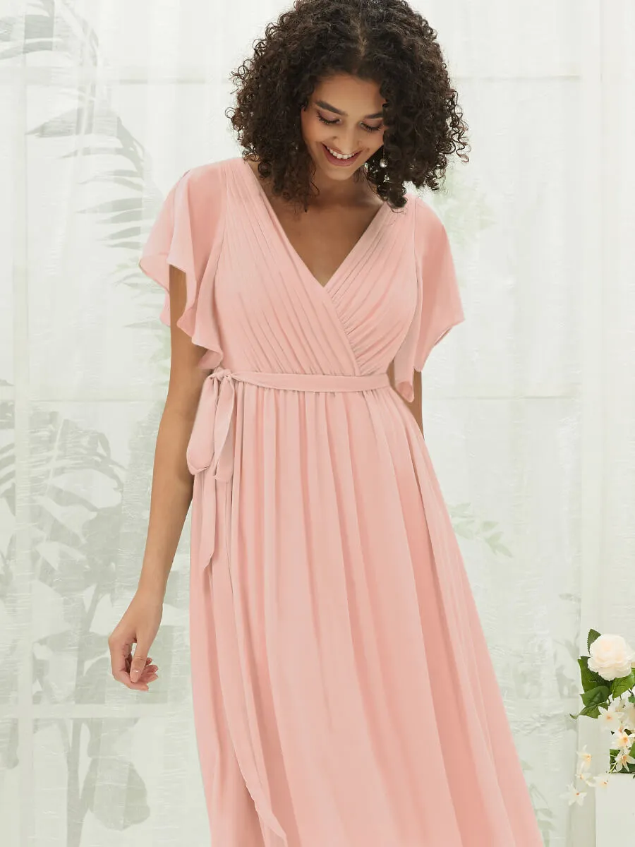 [Final Sale] Blush Short Sleeves Floor Length Silky Chiffon Bridesmaid Dress