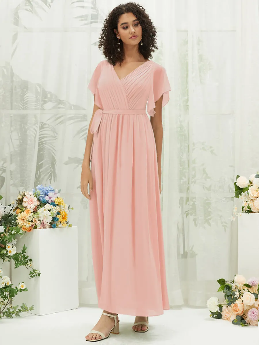[Final Sale] Blush Short Sleeves Floor Length Silky Chiffon Bridesmaid Dress