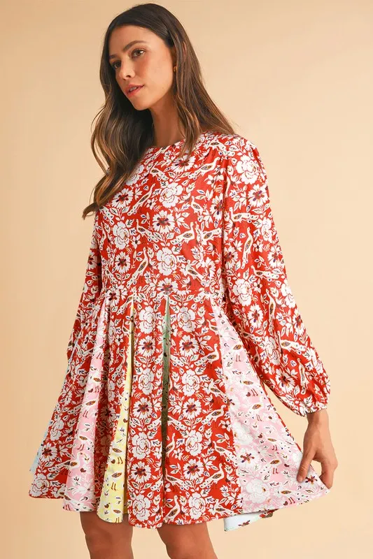 Floral Patchwork Long Sleeve Pleated Mini Dress