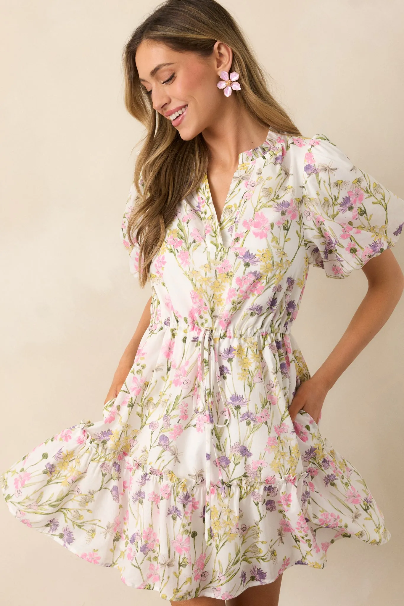 For Good Measure Ivory Floral Cotton Puff Sleeve Mini Dress