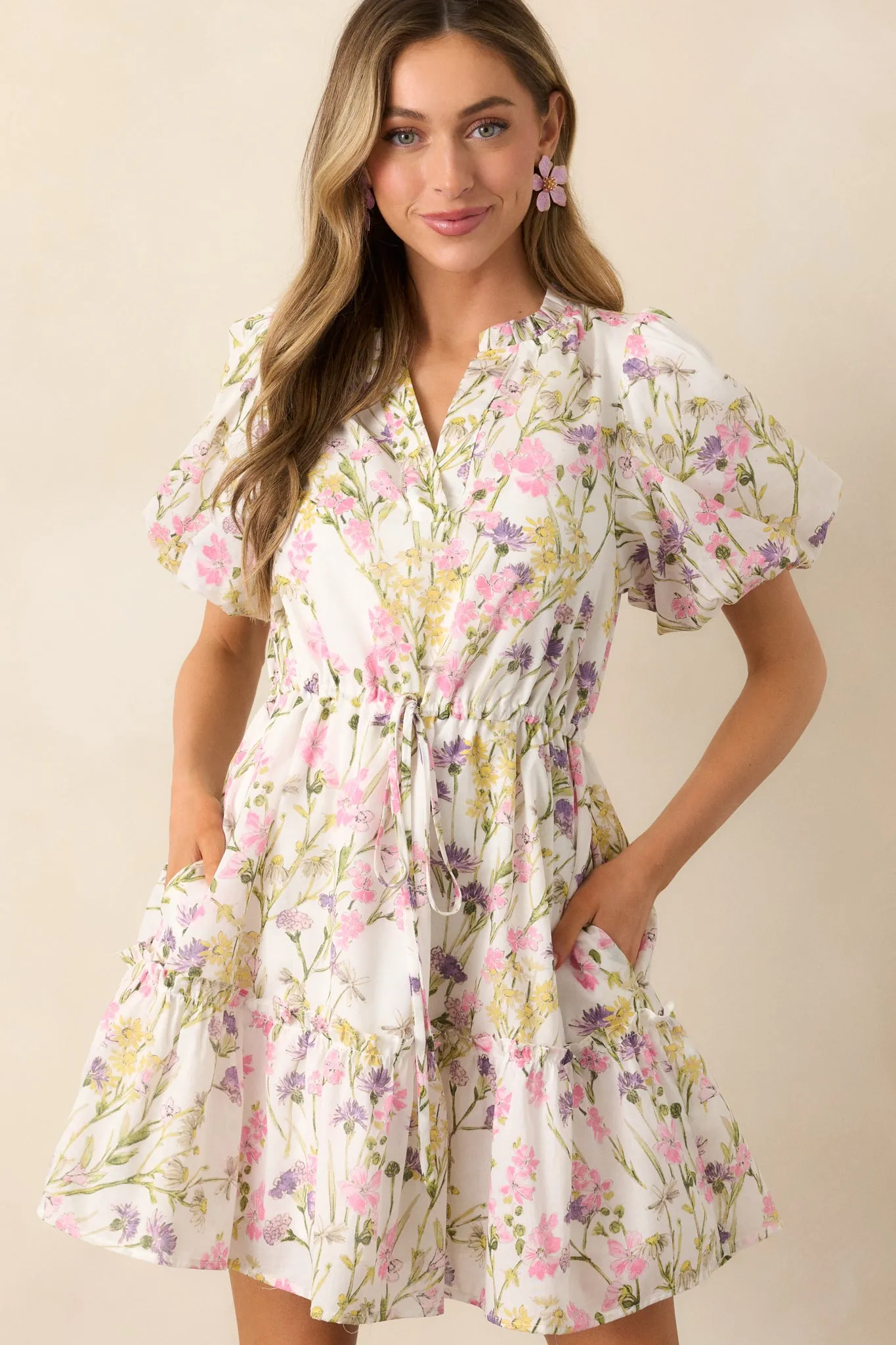For Good Measure Ivory Floral Cotton Puff Sleeve Mini Dress