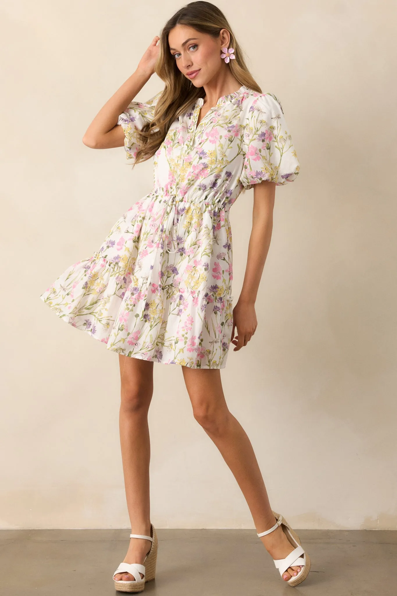 For Good Measure Ivory Floral Cotton Puff Sleeve Mini Dress
